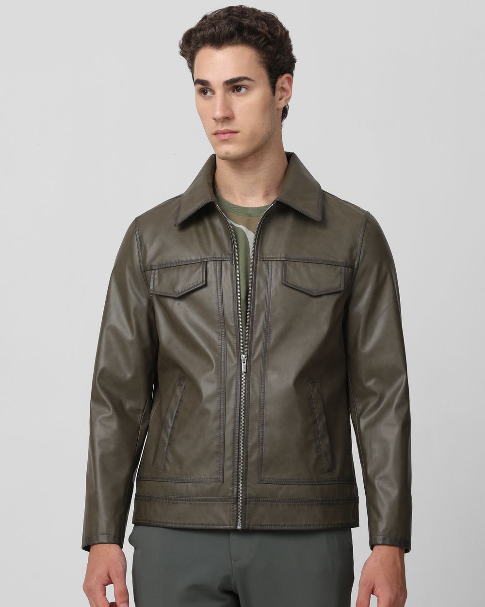 Olive Faux Leather Biker Slim Fit Jacket