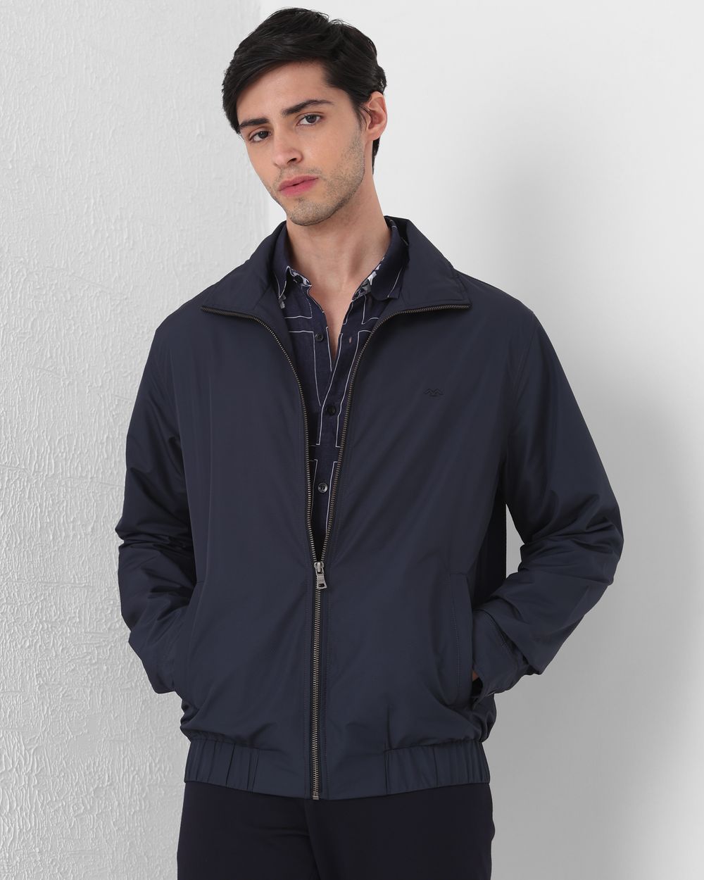 Navy Textured Zip Thru Slim Fit Jacket