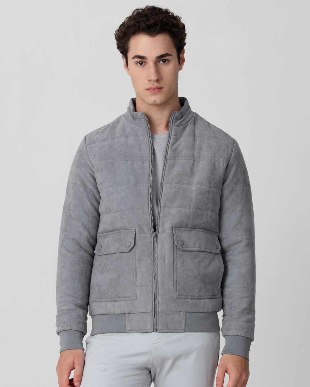 Grey Quilted Suede Slim Fit Jacket