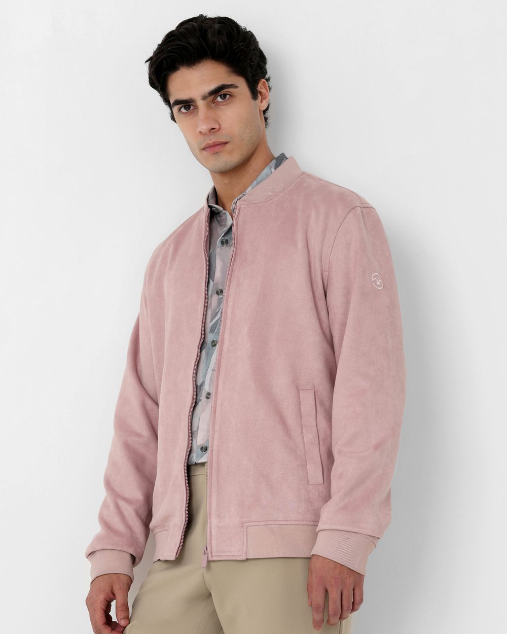 Pink Suede Bomber Slim Fit Jacket