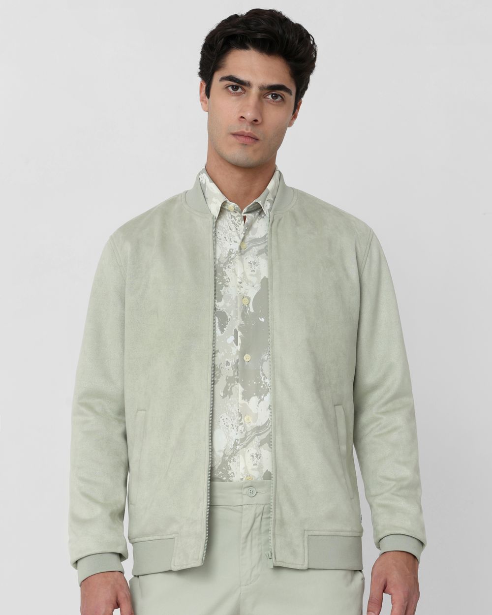 Light Olive Suede Bomber Slim Fit Jacket