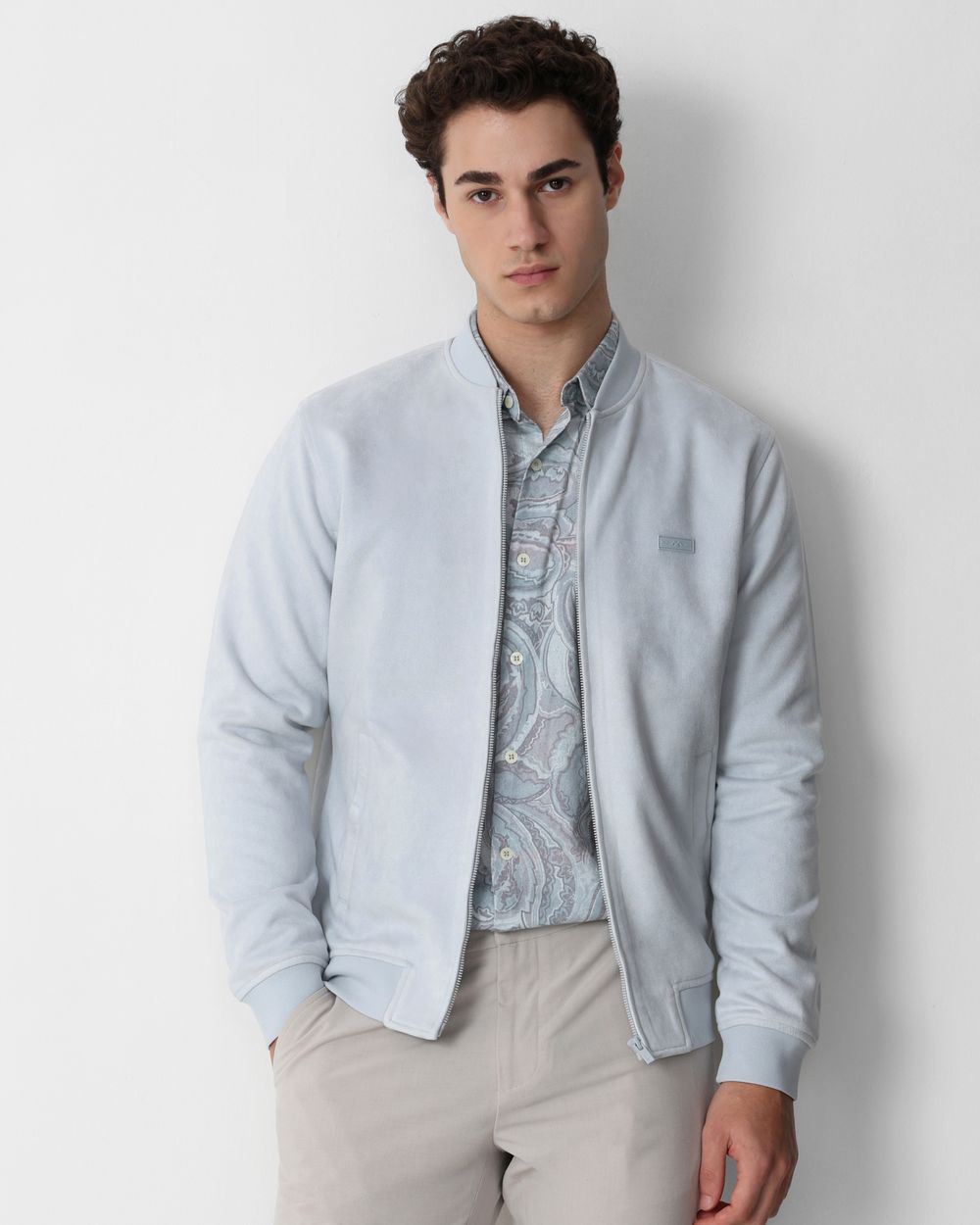 Light Grey Suede Bomber Slim Fit Jacket