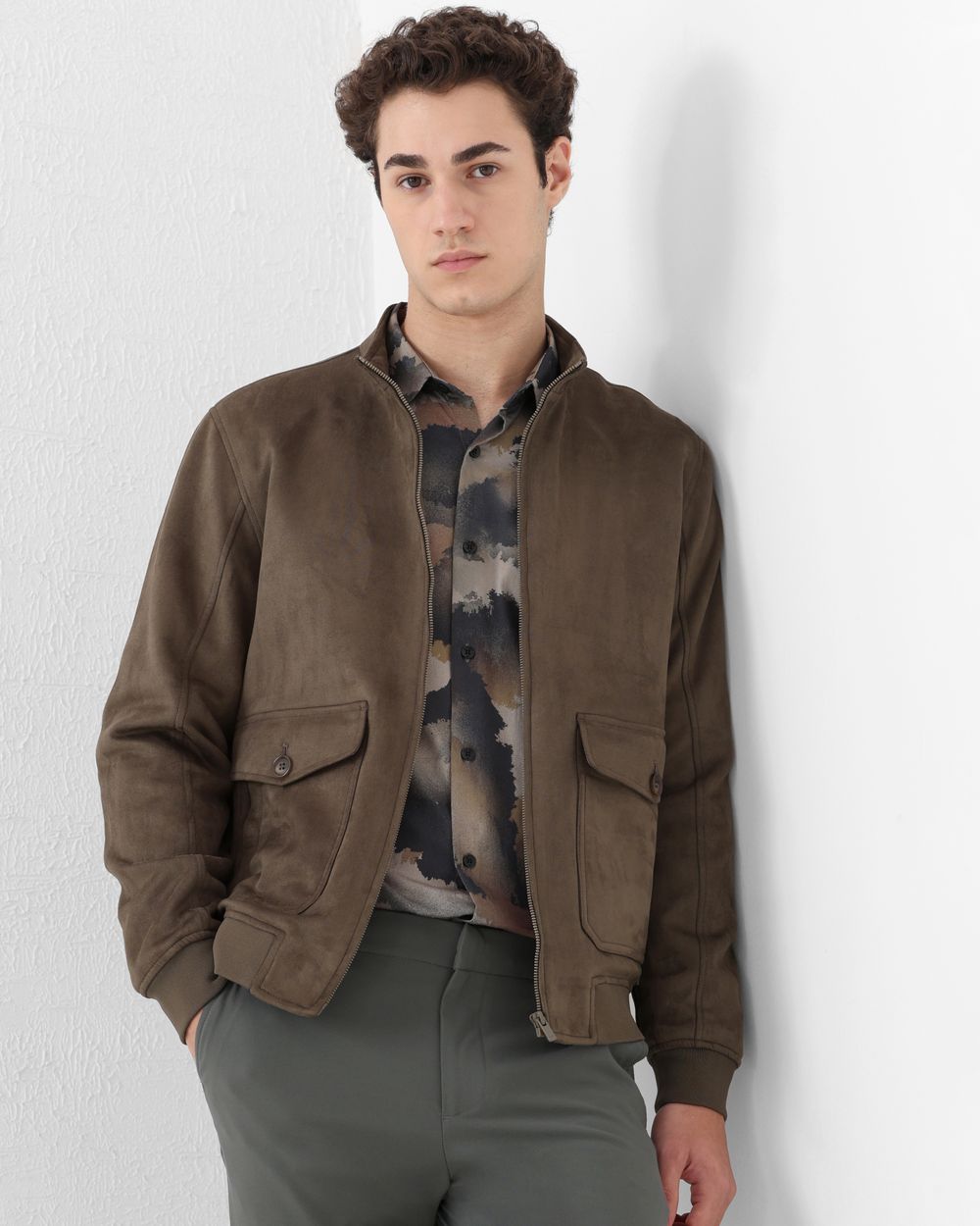 Olive Suede Bomber Slim Fit Jacket