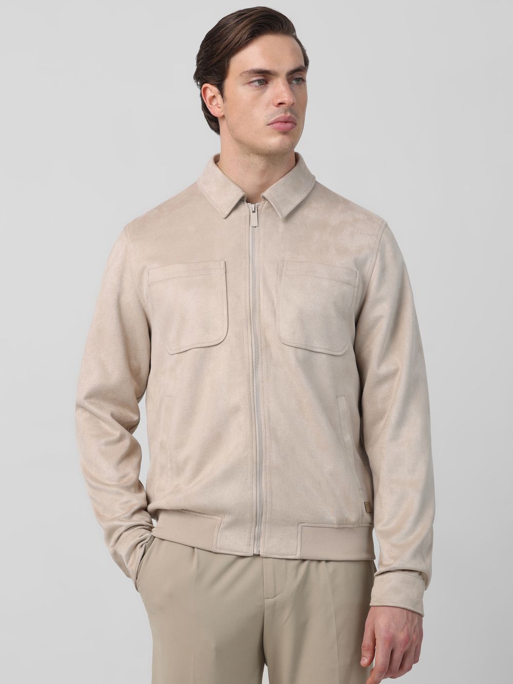 Beige Suede Jacket With Chest Pockets