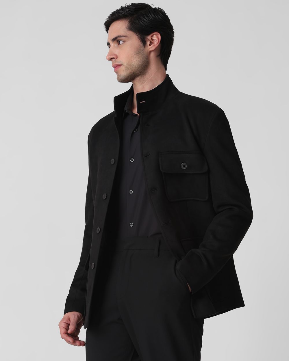 Black Button Down Suede Slim Fit Jacket