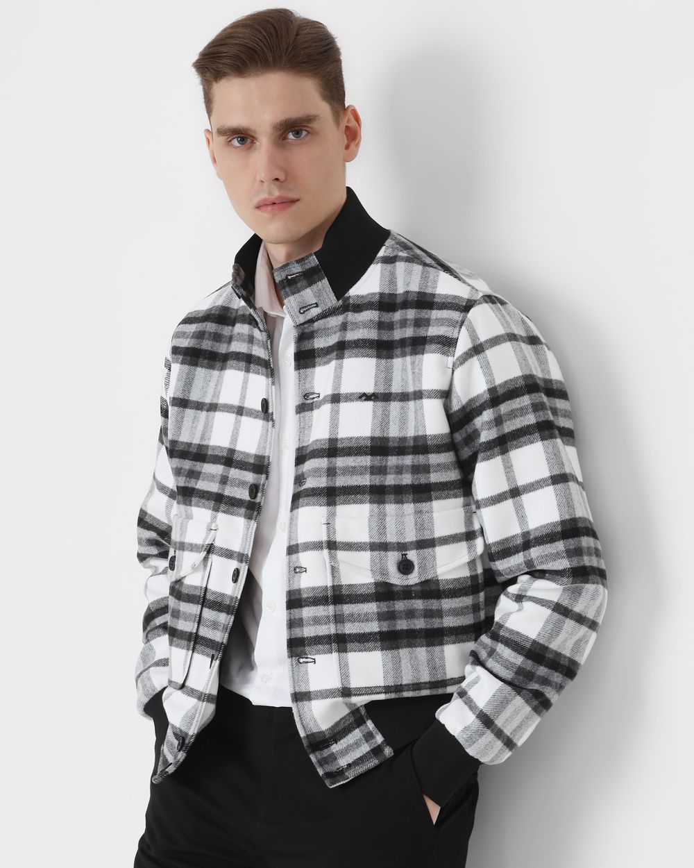 Black Flannel Check Relaxed Fit Jacket