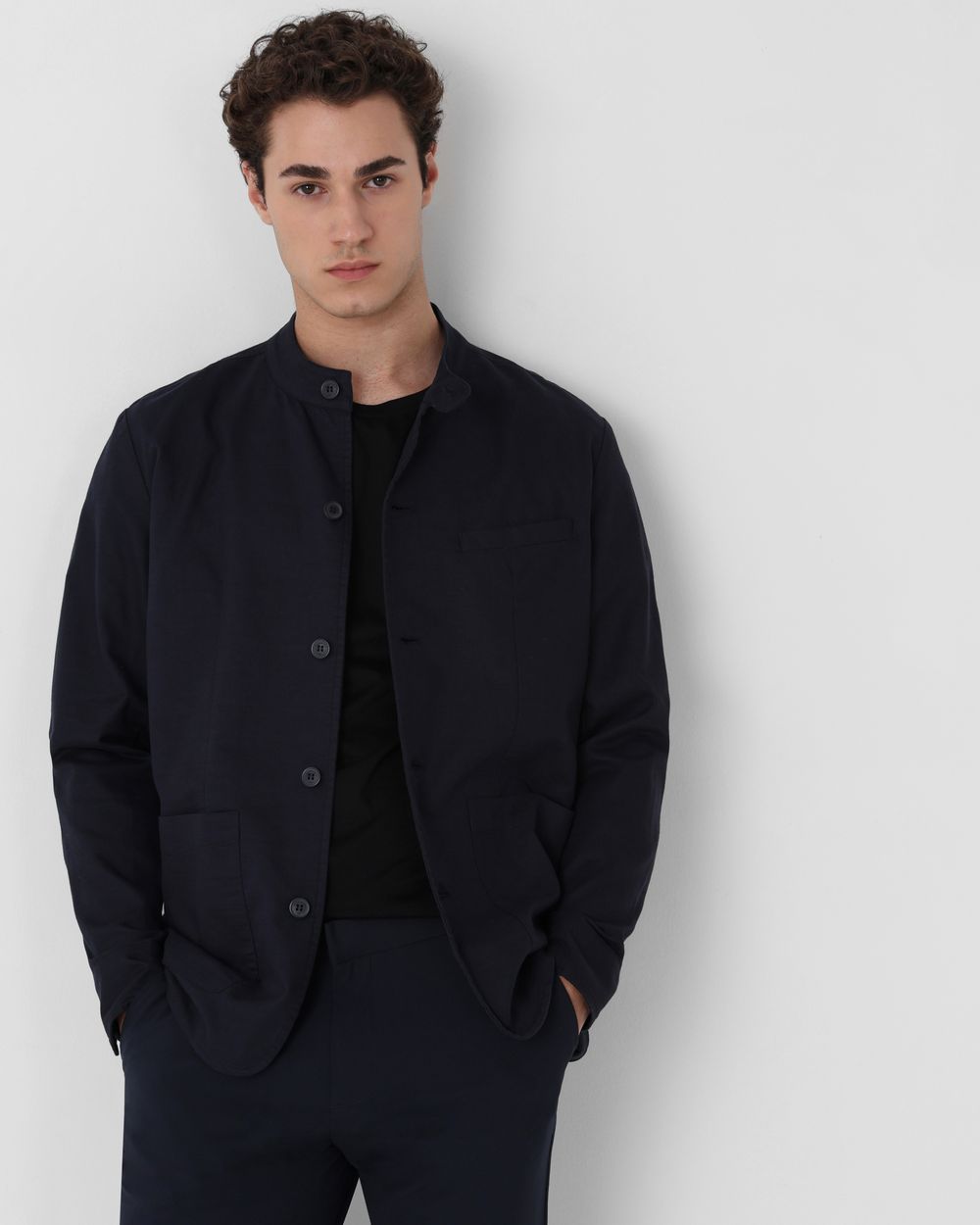 Navy Solid Extended Collar Slim Fit Jacket