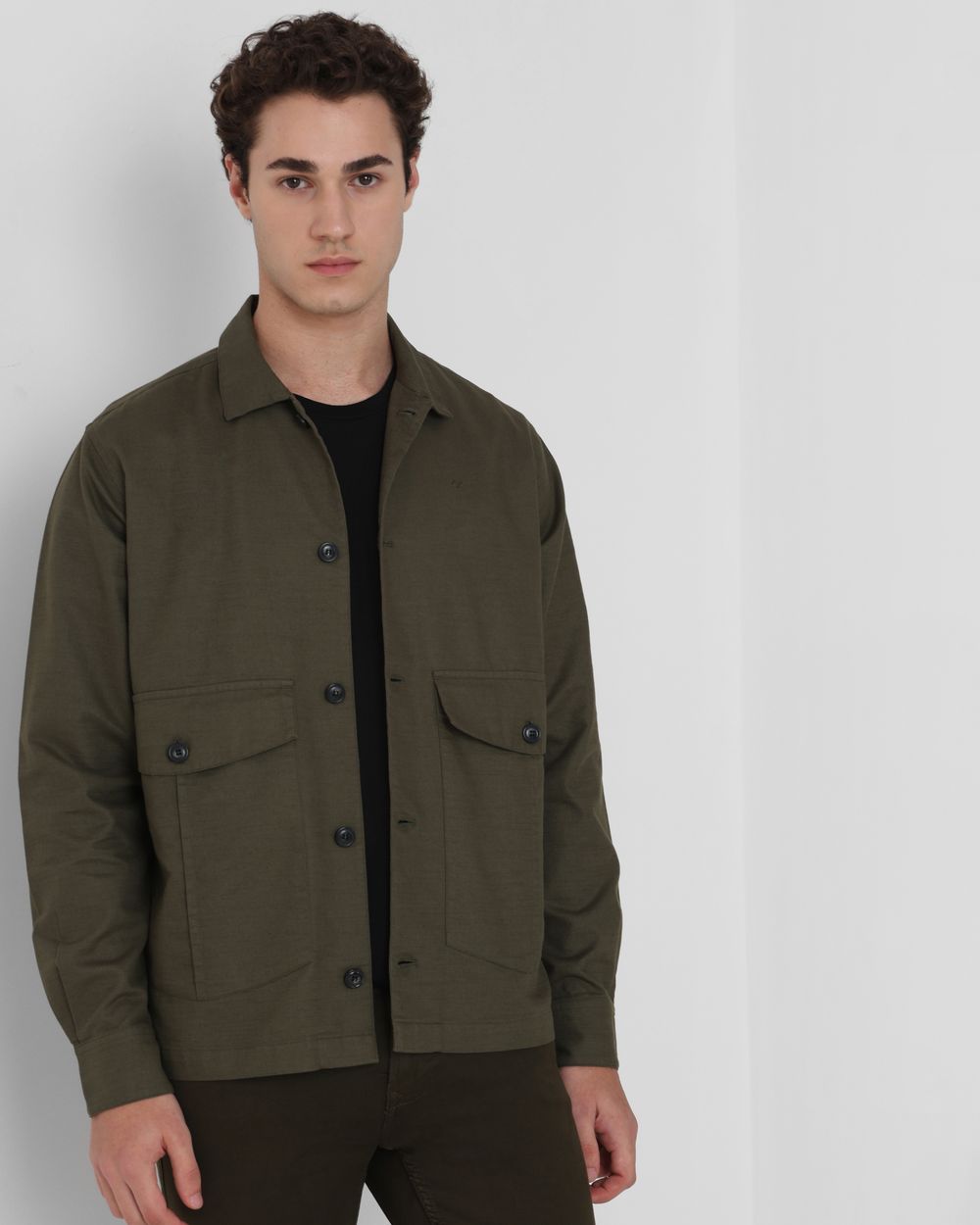 Olive Solid Button Down Relaxed fit Jacket