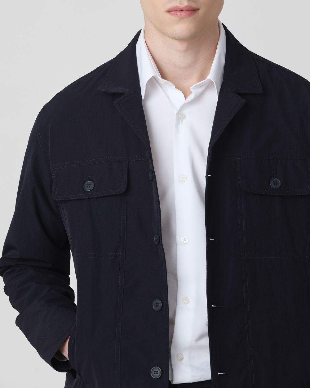 Navy Lightweight Notch Collar Nylon Trucker Jacket
