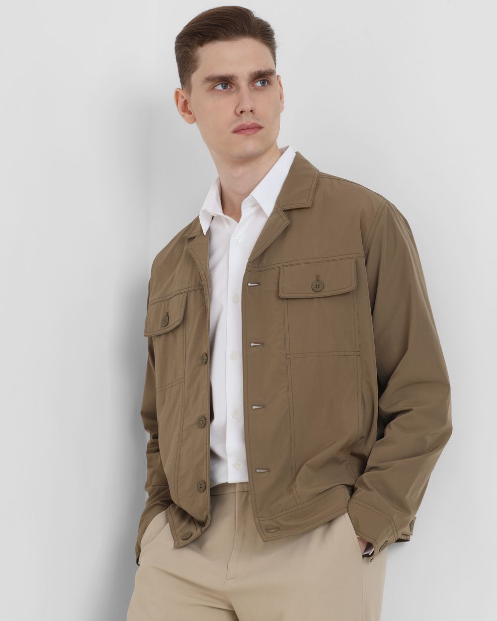 Khaki Lightweight Notch Collar Nylon Trucker Jacket