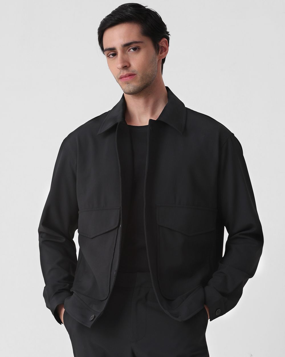 Black Solid Button Down Relaxed Fit Jacket