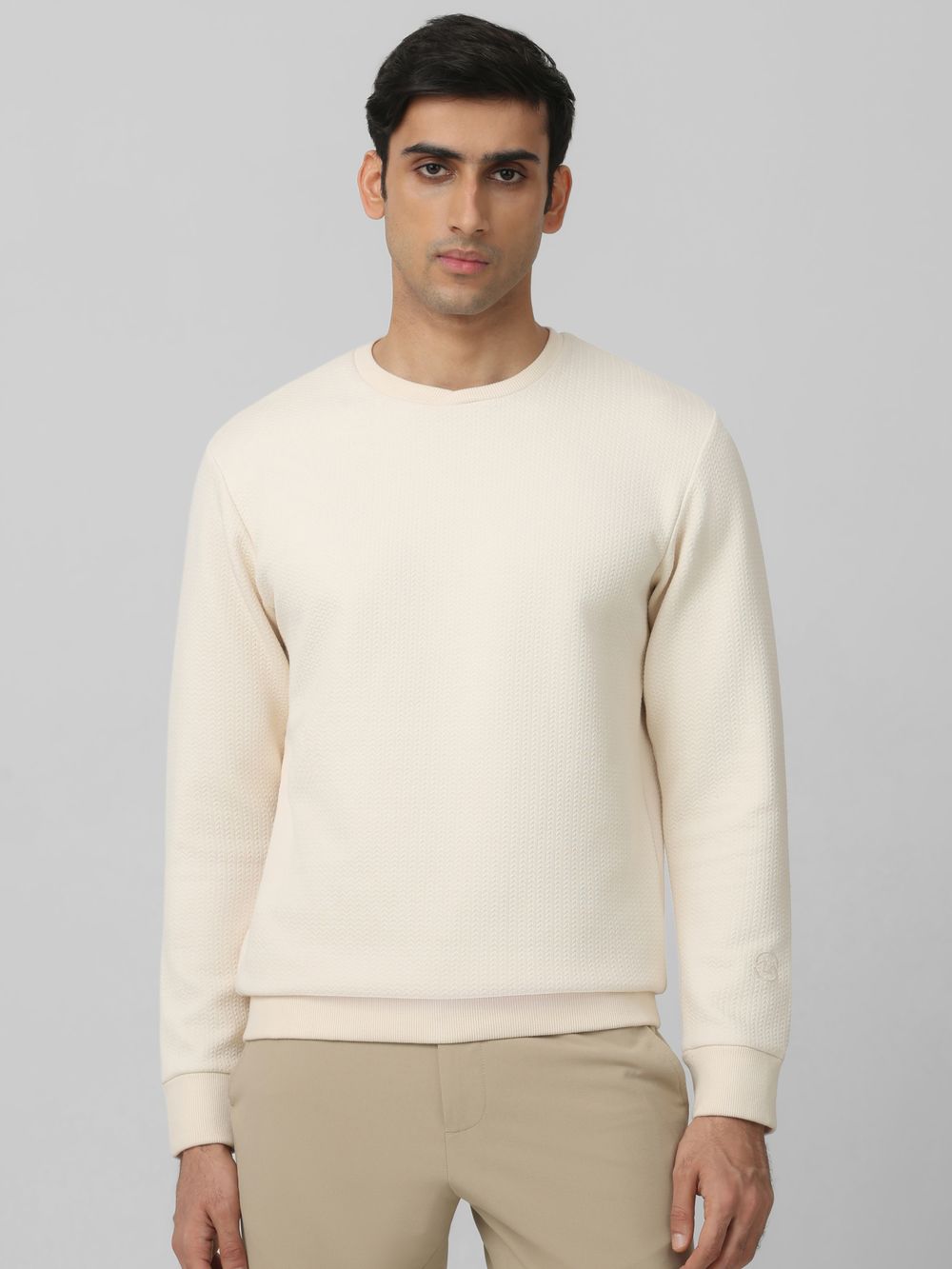 Off White Herringbone Plain Slim Fit Sweatshirt