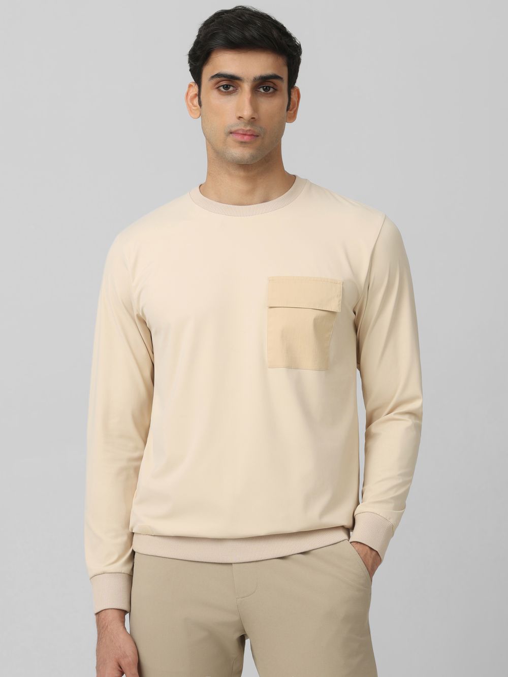 Beige Patch Pocket Plain Slim Fit T-Shirt