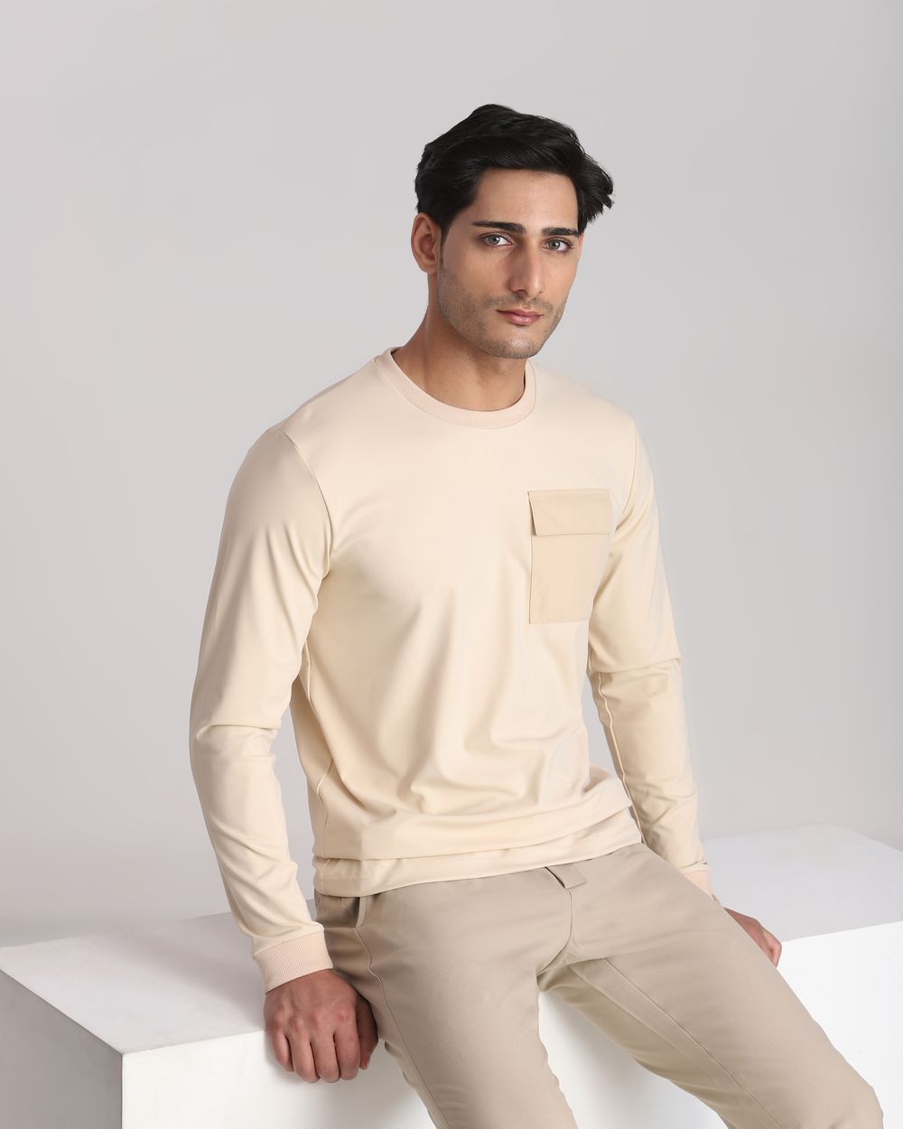 Beige Patch Pocket Plain Slim Fit T-Shirt