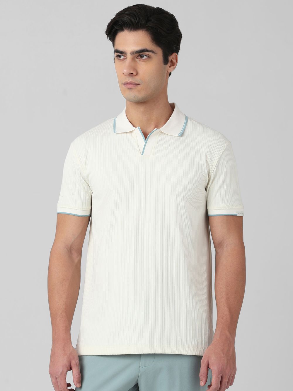 White Self-Stripe Plain Slim Fit T-Shirt