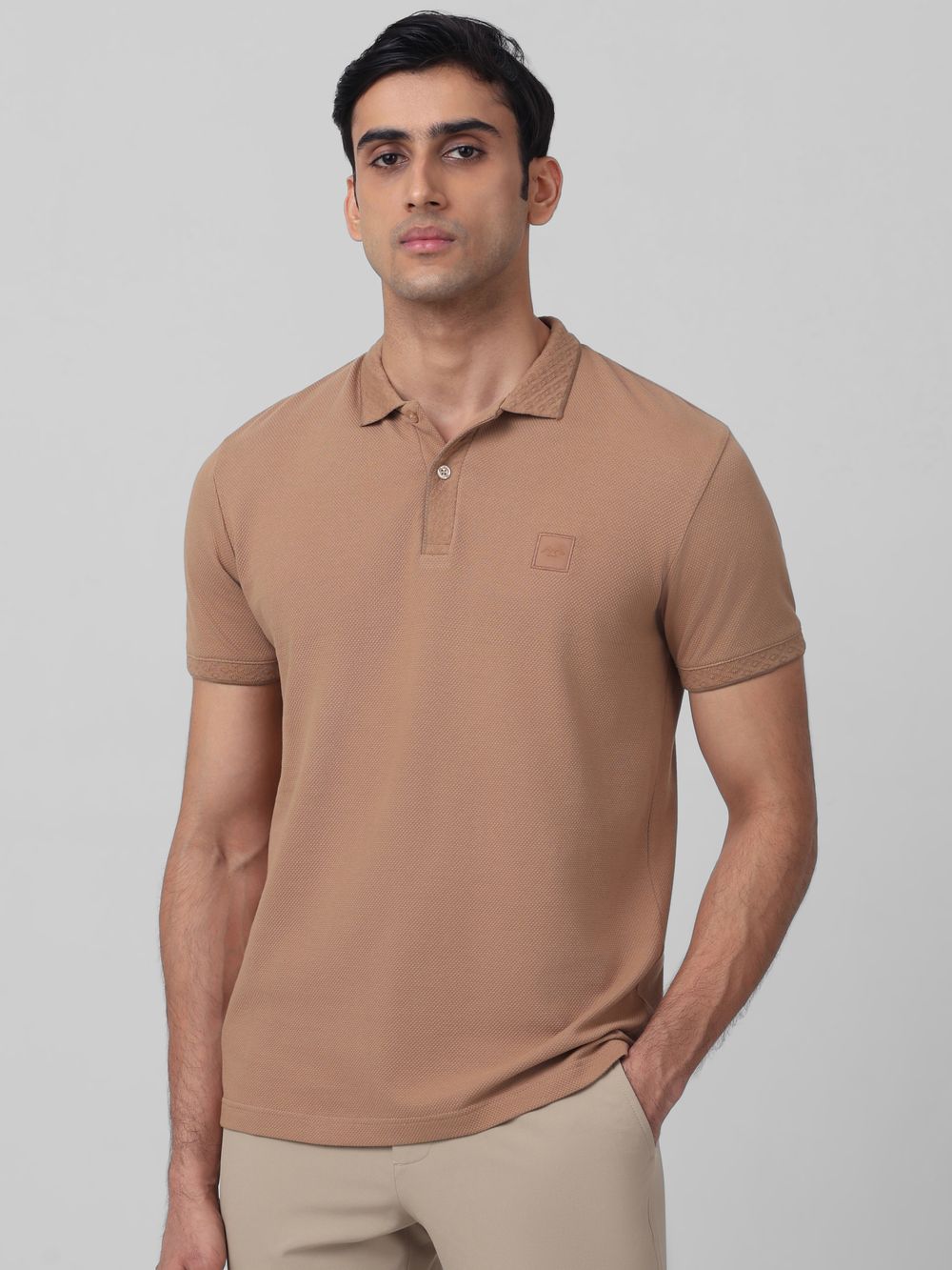 Brown Textured Plain Slim Fit Polo