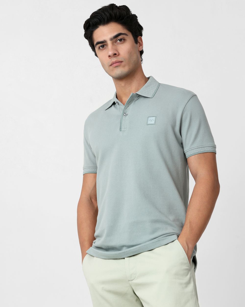 Light Green Textured Plain Slim Fit Polo