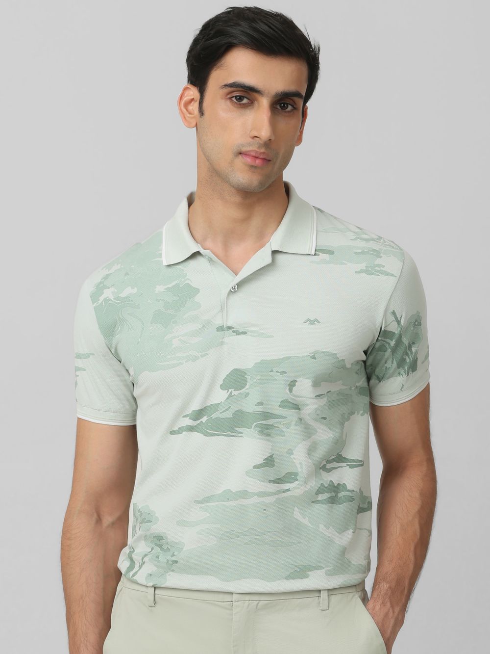 Light Green Botanical Print Slim Fit Polo