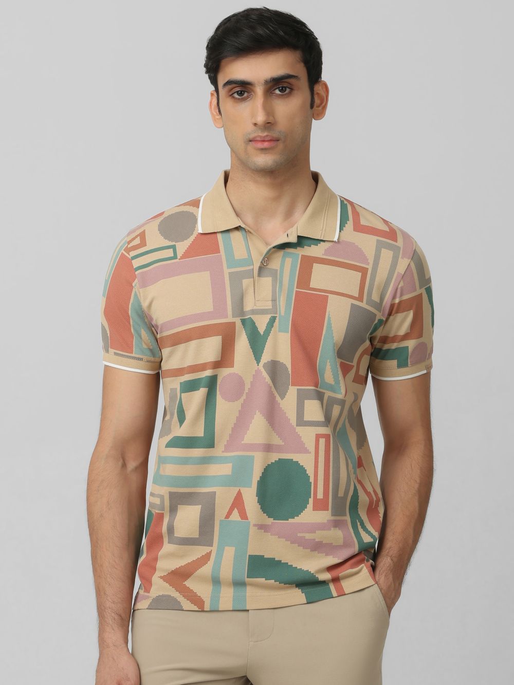 Beige Geometric Print Slim Fit Polo