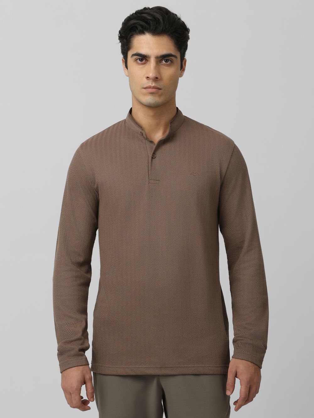 Beige Textured Plain Full Sleeve Casual T-Shirt