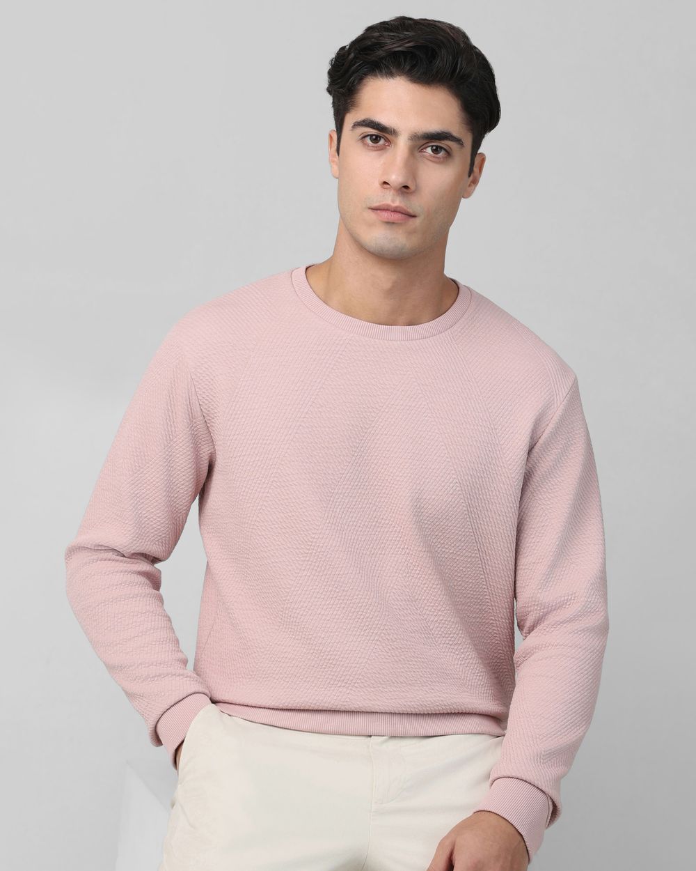 Pink Textured Plain Slim Fit T-Shirt