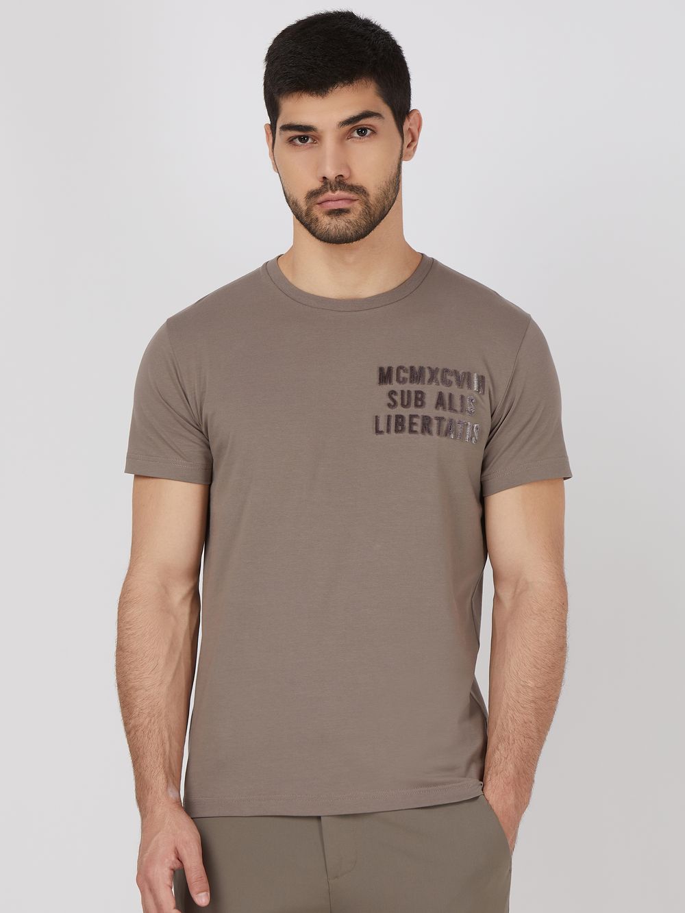 Grey Flock Embroidery Slim Fit Jersey T-Shirt