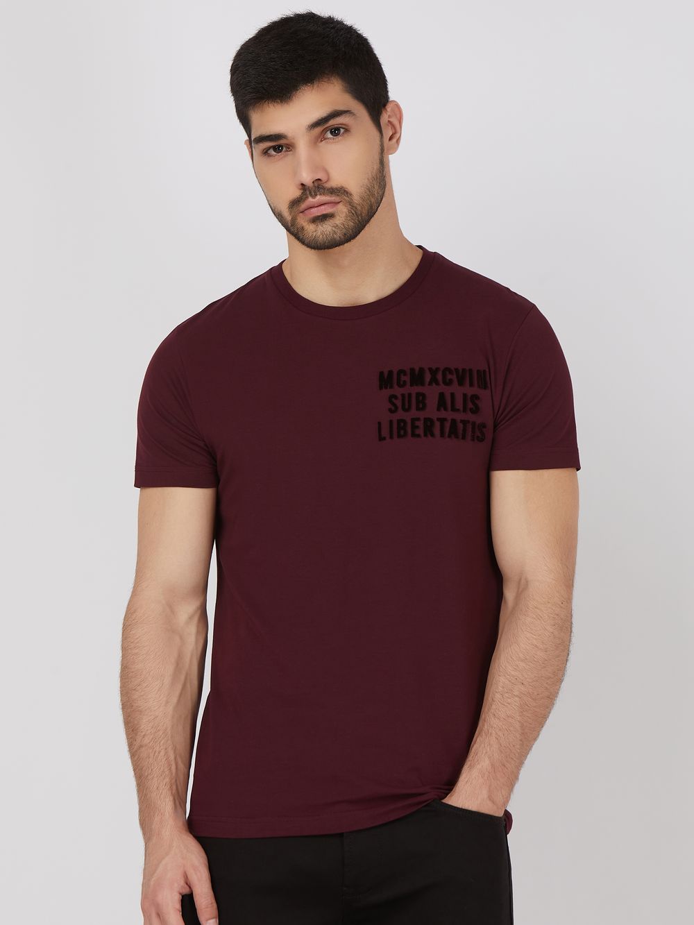 Maroon Flock Embroidery Slim Fit Jersey T-Shirt