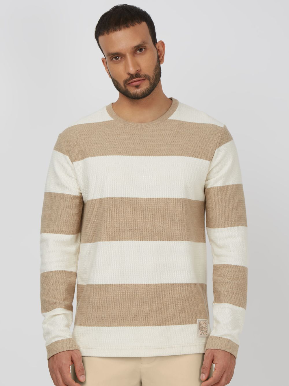 Beige Textured Stripe Slim Fit Textured Jersey T-Shirt