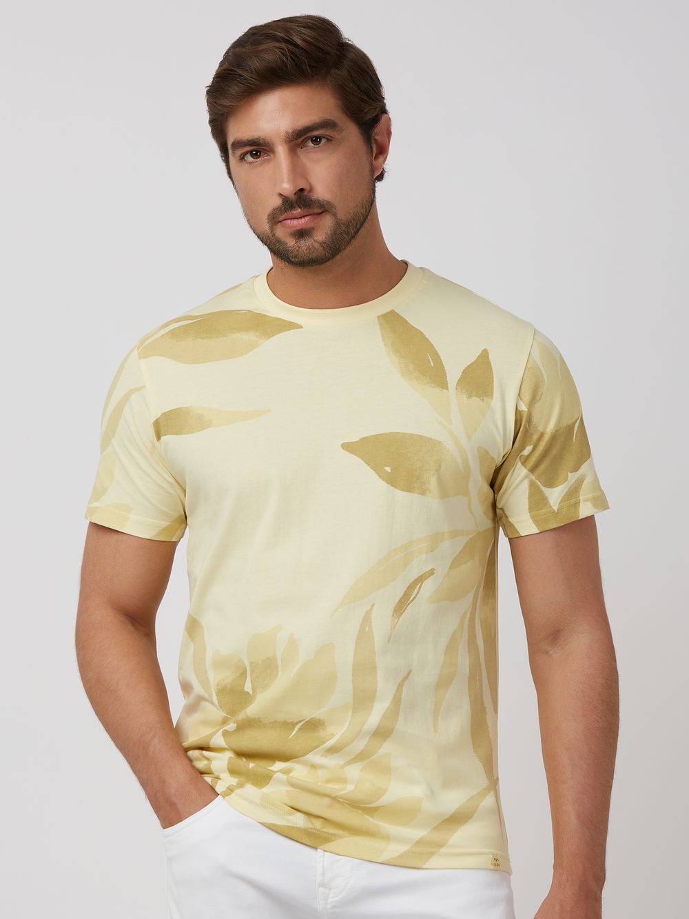 Light Yellow Leaf Print Slim Fit T-Shirt