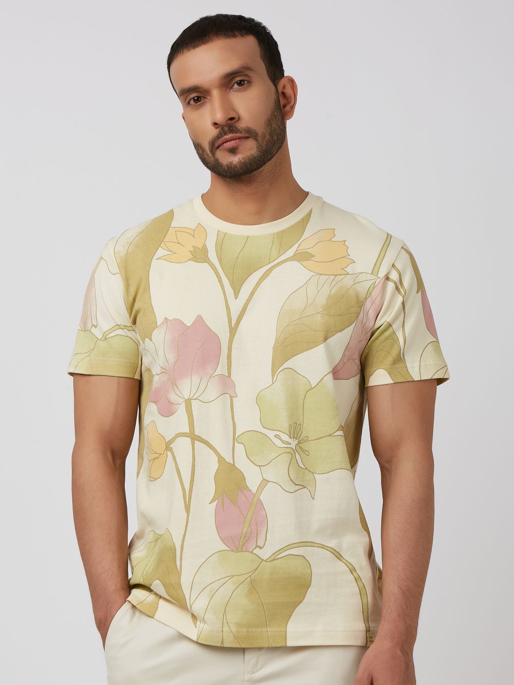 Beige Floral Print Slim Fit T-Shirt