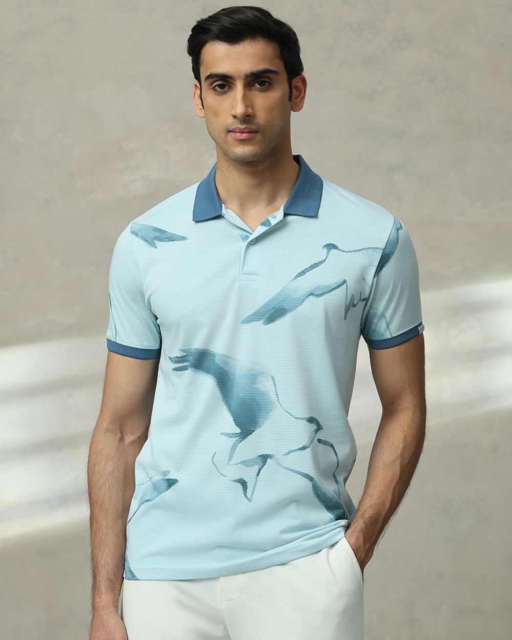 Light Blue Bird Print Slim Fit T-Shirt