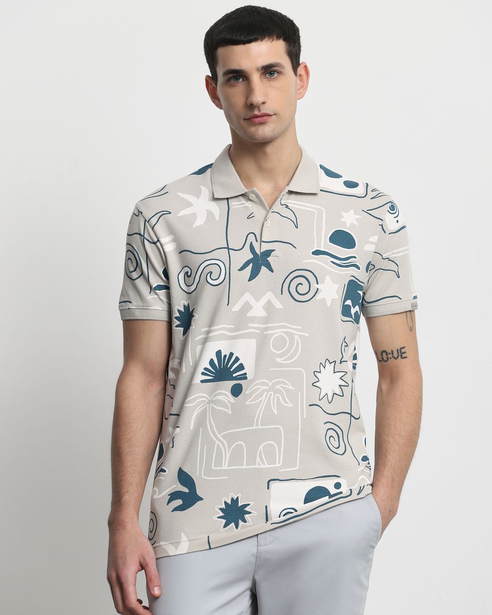 Light Grey Abstract Print Slim Fit T-Shirt