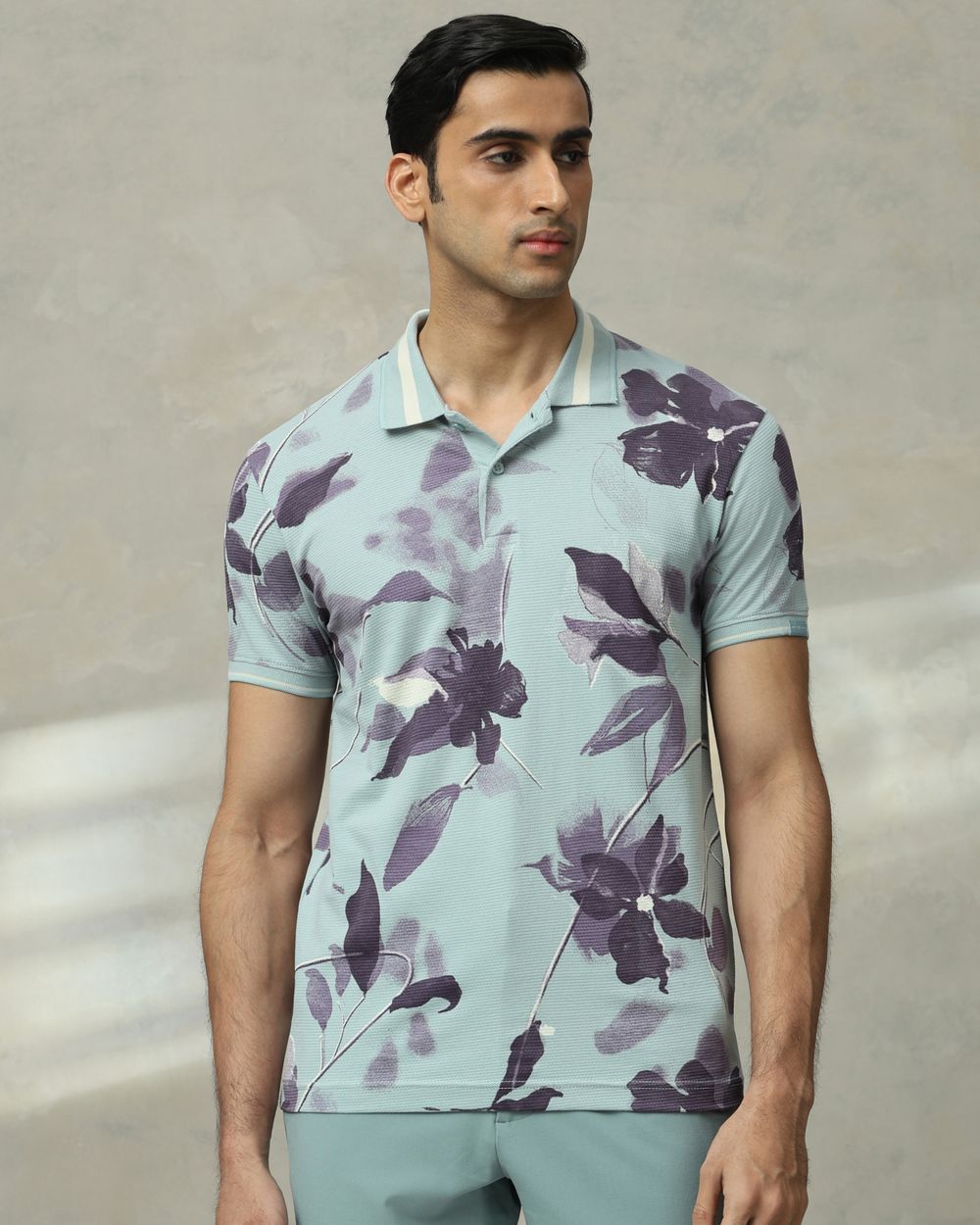 Blue Floral Print Slim Fit T-Shirt