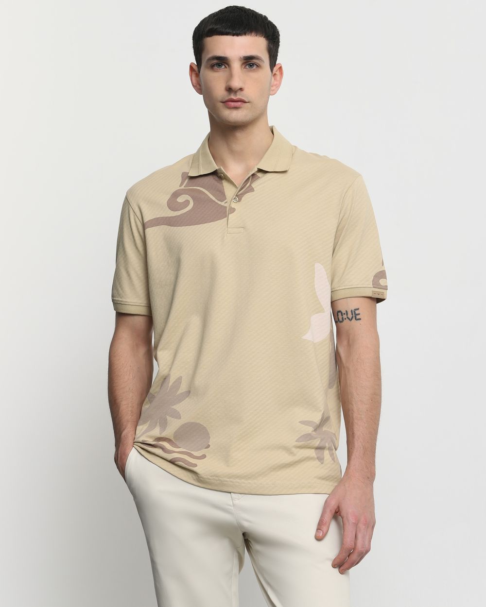 Beige Tonal Print Slim Fit T-Shirt