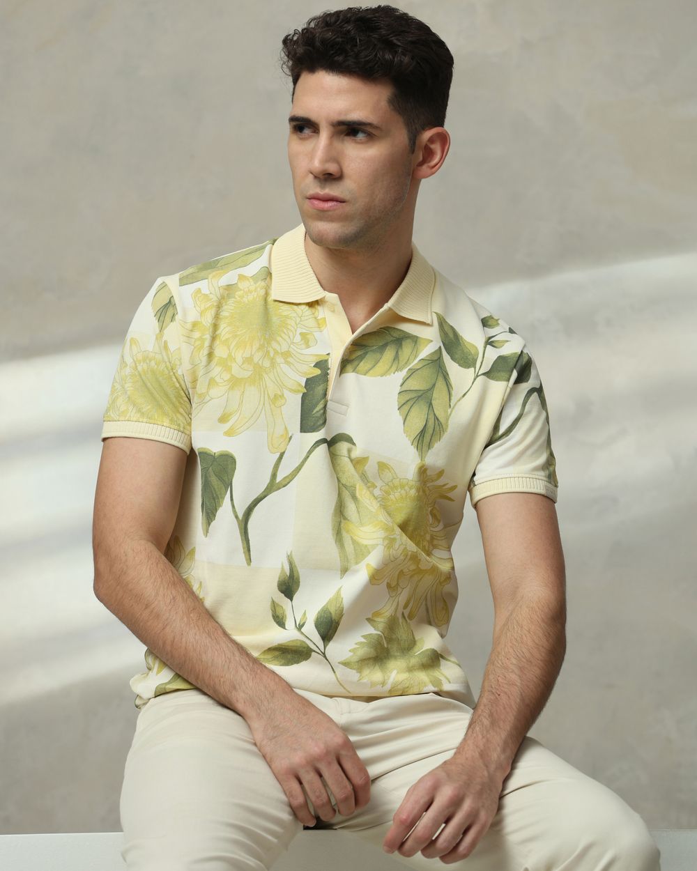 Light Yellow Floral Print Slim Fit T-Shirt