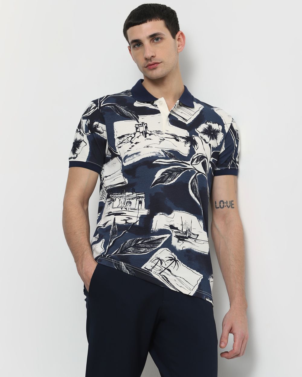 Navy Abstract Print Slim Fit T-Shirt