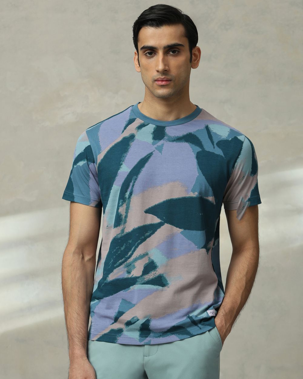 Teal Abstract Print Slim Fit T-Shirt