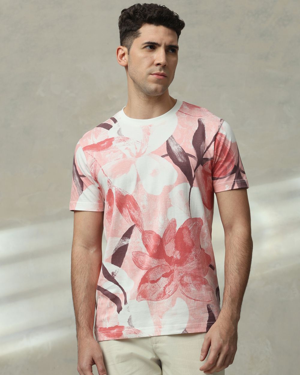 Pink Floral Print Slim Fit T-Shirt