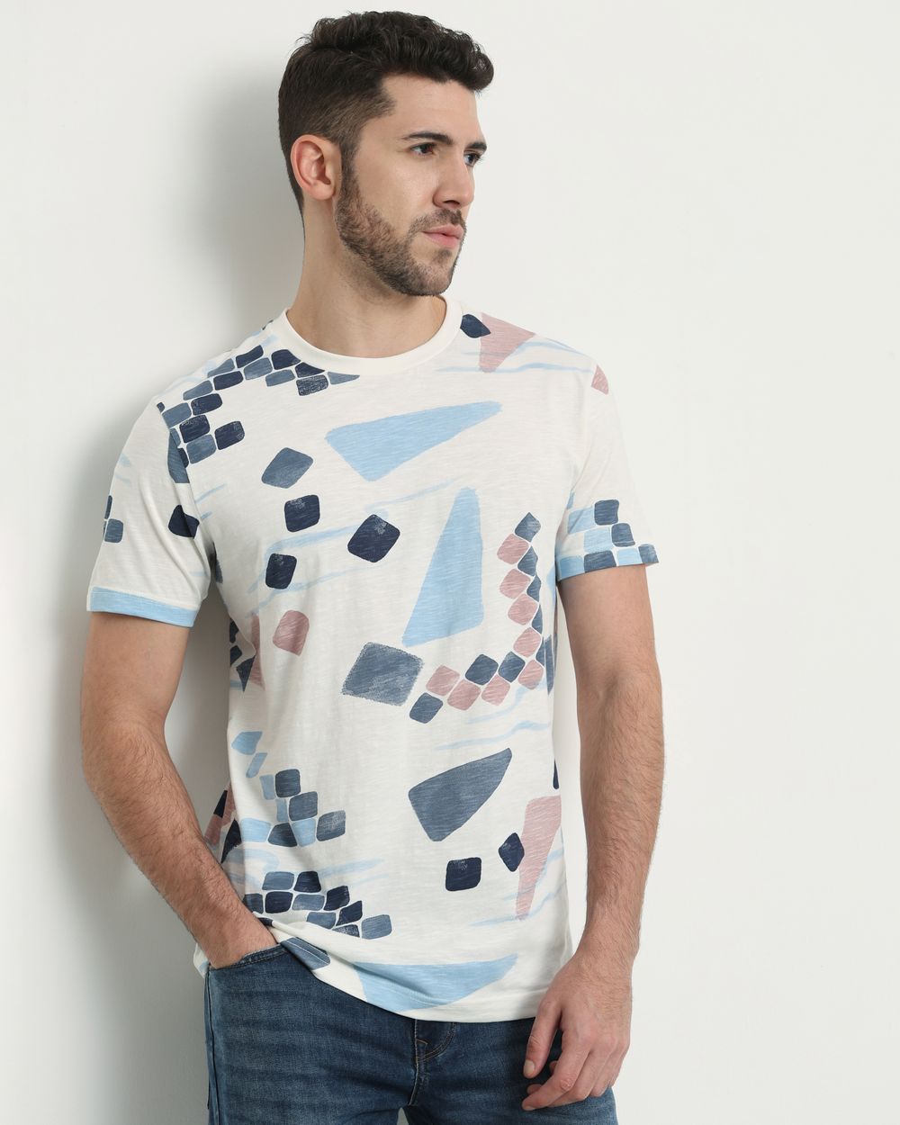 White Geometric Print Slim Fit T-Shirt