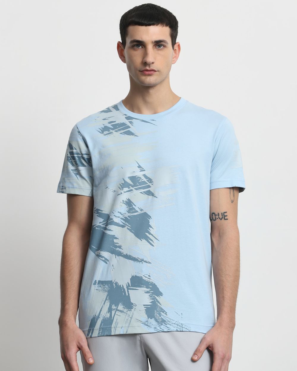 Light Blue Abstract Print Slim Fit T-Shirt