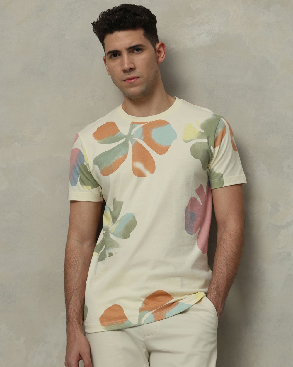 Off White Floral Print Slim Fit T-Shirt