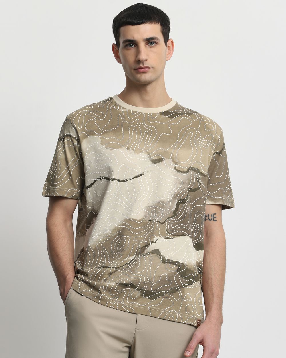 Beige Abstract Print Regular Fit T-Shirt