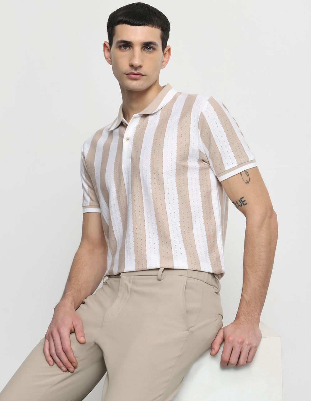 Beige Textured Stripe Slim Fit T-Shirt