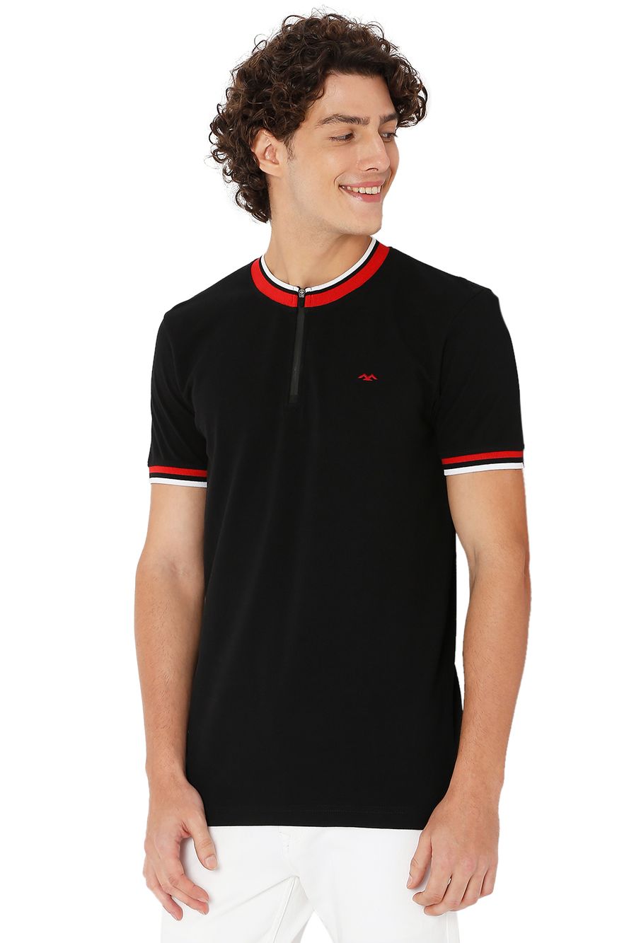 Black Tipped Collar Knnitted Pique Henley