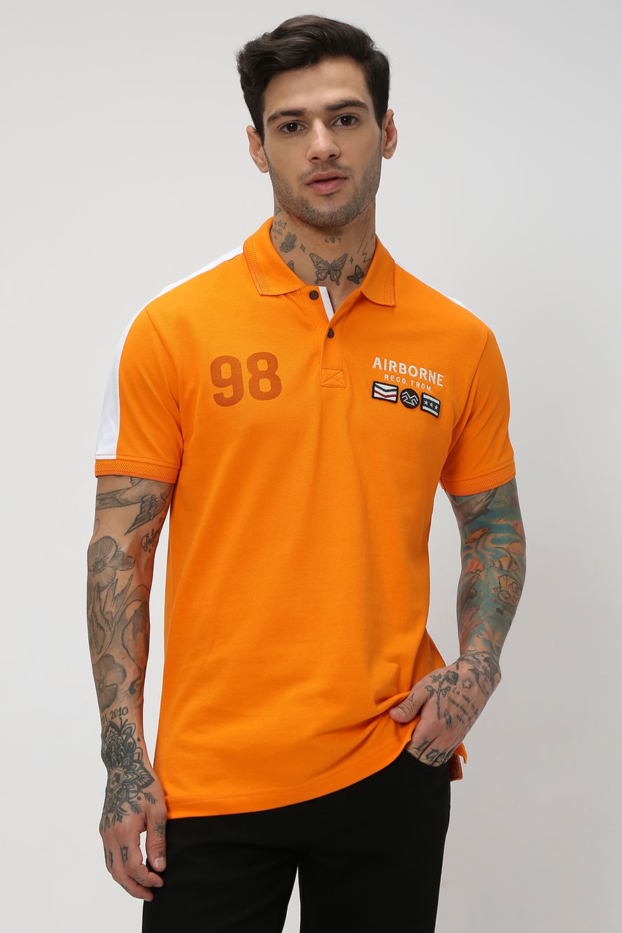 Orange & White Cut & Sew Pique Polo T-Shirt