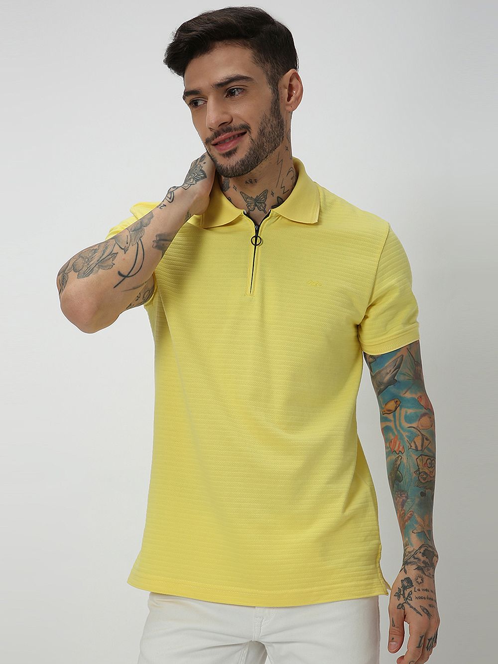 Mustard Textured Solid Jersey Polo T-Shirt