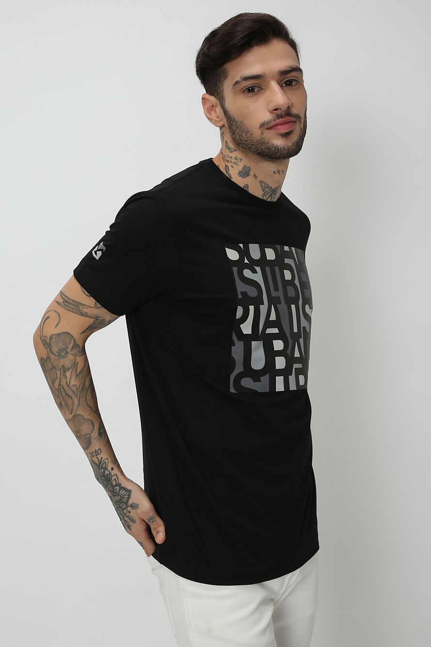 Black Printed Knitted Jersey Graphic T-Shirt
