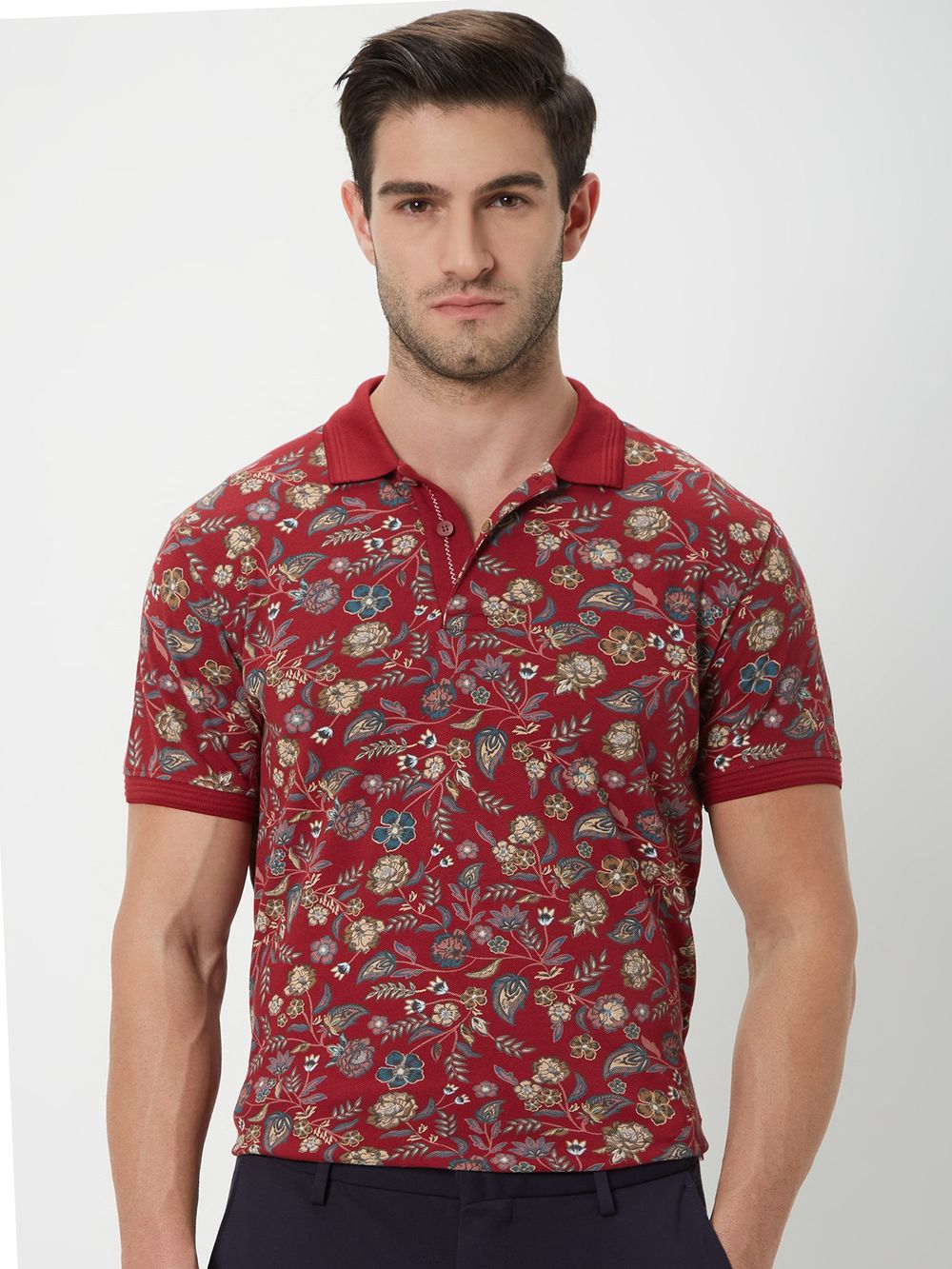 Maroon & Multi Floral Print Polo T-Shirt