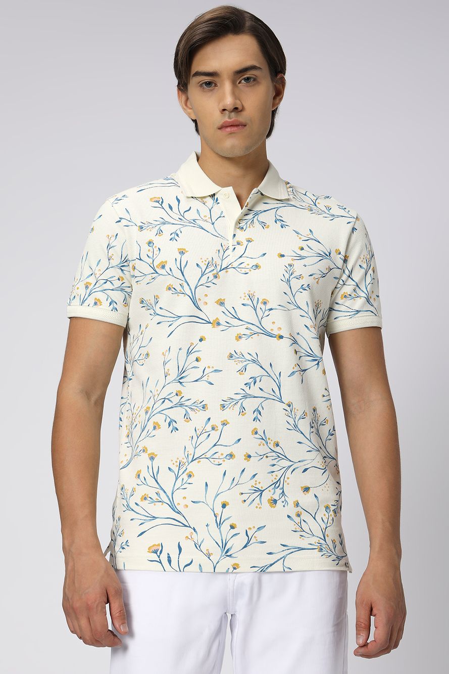 Off White & Blue Floral Print Polo T-Shirt