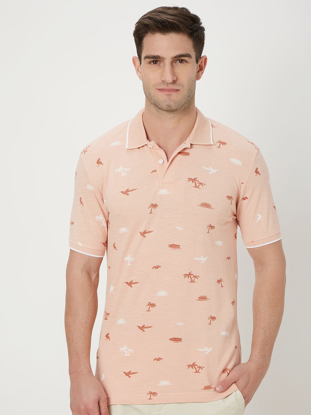 Peach & White Palm Print Polo T-Shirt